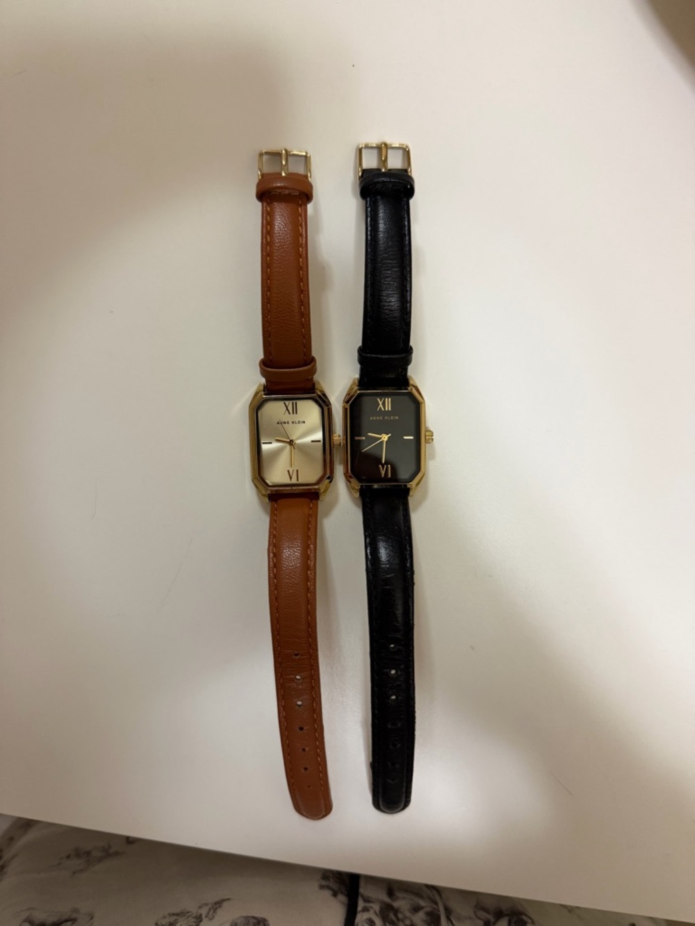 Anne Klein Gold-Tone Rectangular Watches with Brown and Black Leather Straps